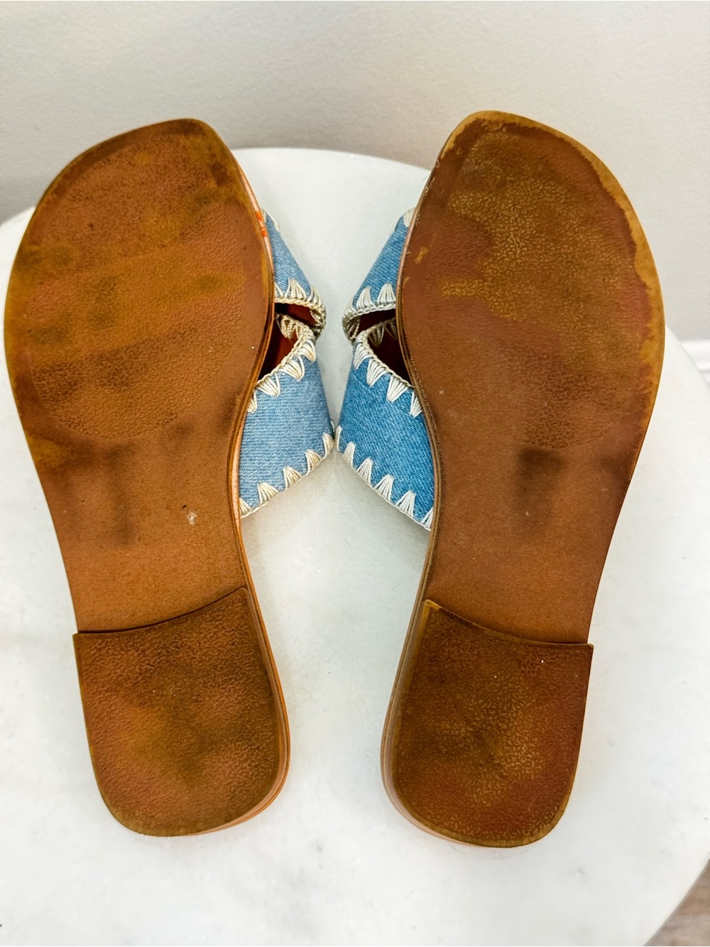 Dolce Vita Denim Crisscross Slide Sandals with Tan Footbed Sz 8 - Picture 10 of 11